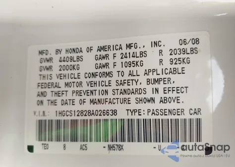 2008 Honda Accord 2.4 Ex-L z USA, uszkodzony, nr VIN 1HGCS12828A026638